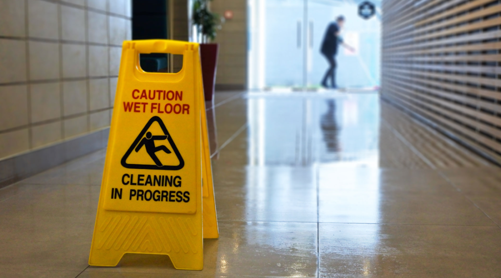 A men cleaning the floor and toilets